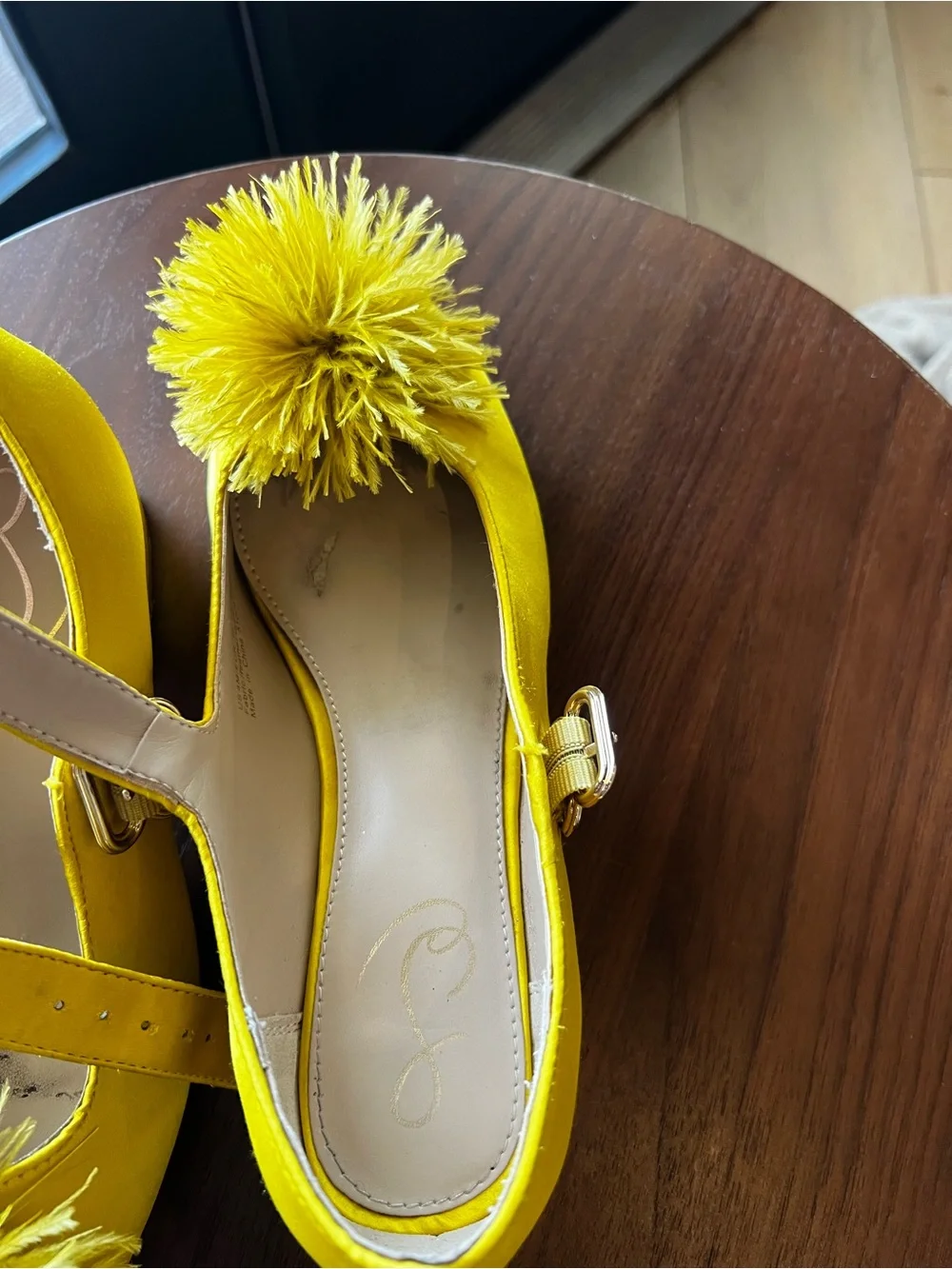 Kids Yellow Pom Mary Jane Heels